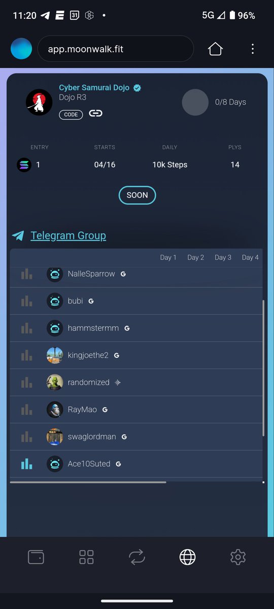 New <a href="/Dojo_sol/">The Dojo</a> <a href="/moonwalkfitness/">Moonwalk Fitness</a> game starts tomorrow. Go get a Sam for wickedly cheap on the market, get in the TG, get the invite link, and walk with us. You also might find the best community in the space. 1 $SOL, 10k steps, 8 days. Come get some.