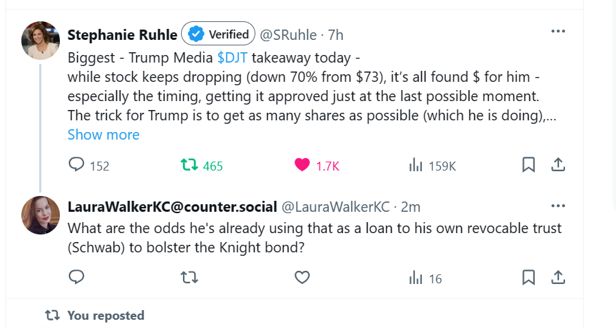 @nycsouthpaw I'm trying to follow the shell game. Is this even a possible thing (assuming some hinky shifting on brand for Trump). The timing of the DJT stock flooding is sus.