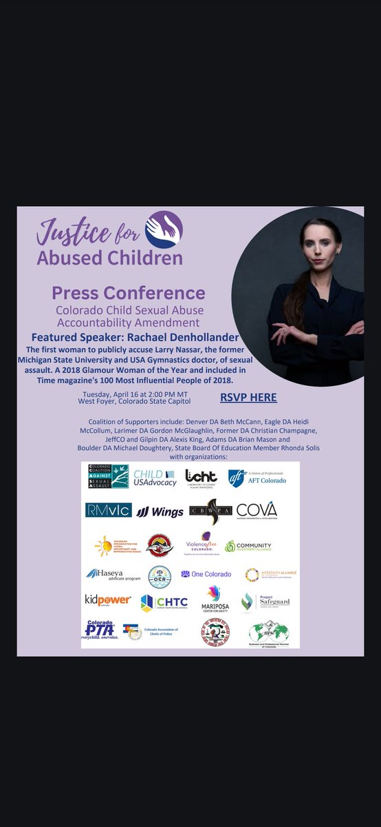Privileged to stand alongside survivors and advocates in Colorado tomorrow to urge passage of an amendment to allow a window to justice for victims of childhood sexual abuse. Justice should never be a partisan issue, if you're a CO voter, urge your lawmakers to pass SCR -001.