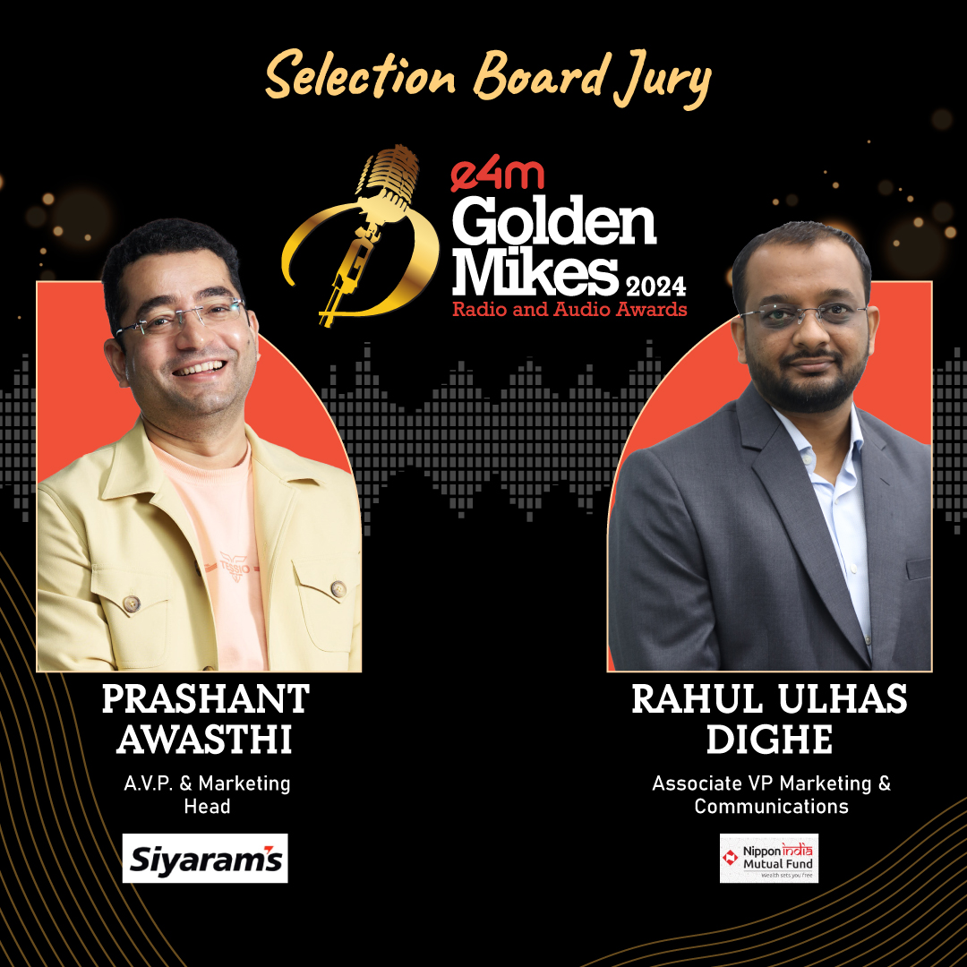 Welcoming Prashant Awasthi , A.V.P. & Marketing Head at Siyaram Silk Mills Ltd. and Rahul Dighe , Associate VP Marketing & Communications , at Nippon India Mutual Fund on the selection board for e4m Golden Mikes 2024.

#GoldenMikes #e4mevents #RadioAwards #audio #podcast #brands