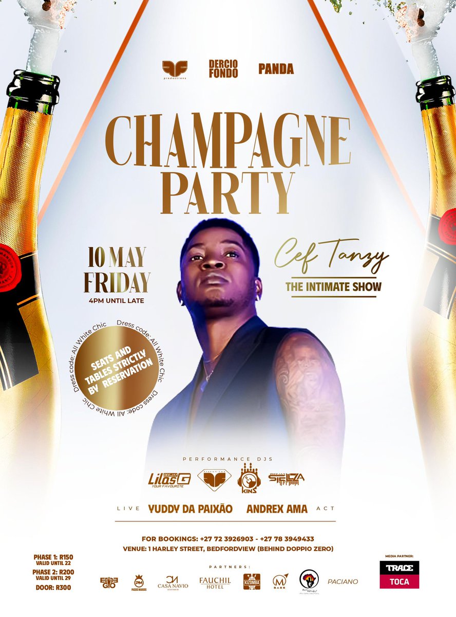 FlatonFox's tweet photo. 🍾Champagne Party 🍾 
  🔥THE INTIMATE SHOW 🔥
                 💫CEF 💫

✳️FRI 1️⃣0️⃣ MAY
✳️TICKETS AVAILABLE NOW

__For the first time in South Africa __

📍📲+27 (72) 392-6903
📲+27 (78) 394-9433
✳️Brought to you by 
#FlatonFox🦊 
#Dercio 🕺 
#Edego 🤏
#Panda🐼 https://t.co/vATU21K4G1