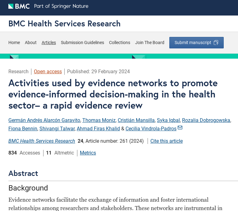Evidence networks are pivotal in bridging research to policy gaps. Our rapid review explores the strategies they employ for effective evidence translation. Read the full article 👉🏽 bmchealthservres.biomedcentral.com/articles/10.11… #Research #Policy #EvidenceNetworks