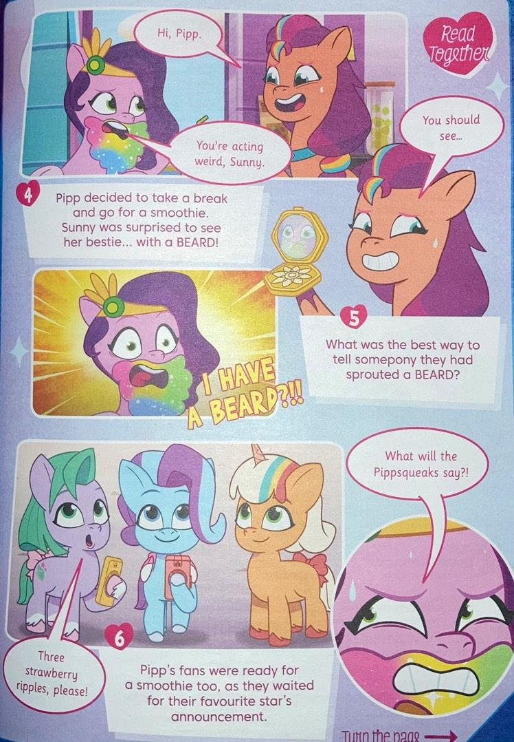 MLPG524092021's tweet photo. Comic of the latest MLP official magazine "Pippsqueaks Forever" part 1.

It retells one of the TYT episodes.

Thanks for Princesszippstorm from Instagram for sending me the images!

#mylittlepony #mlpg5 #mlptellyourtale #sunnystarscout #pipppetals #glory #seashel #peachfizz #leak https://t.co/w7u3tJILjq