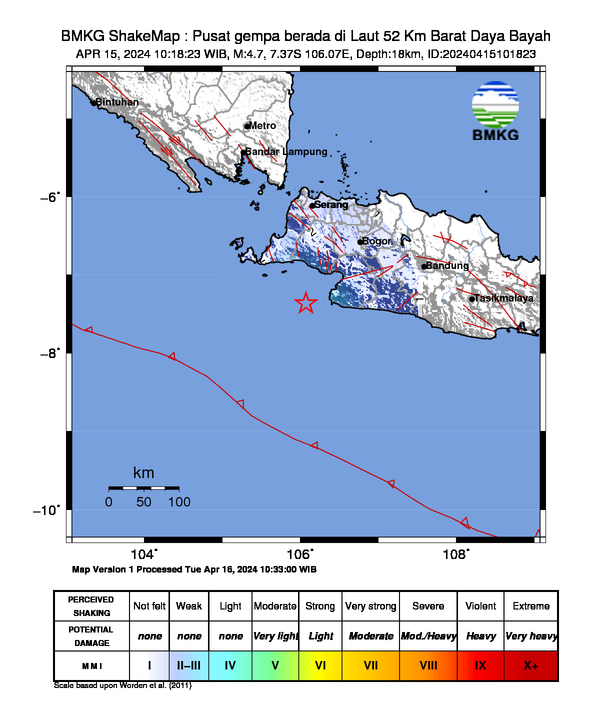 #Gempa (UPDATE) Mag:4.7, 15-Apr-24 10:18:23 WIB, Lok:7.37 LS, 106.07 BT (Pusat gempa berada di Laut 52 Km Barat Daya Bayah), Kedlmn:18 Km Dirasakan (MMI) II Cibadak, II Sukabumi #BMKG