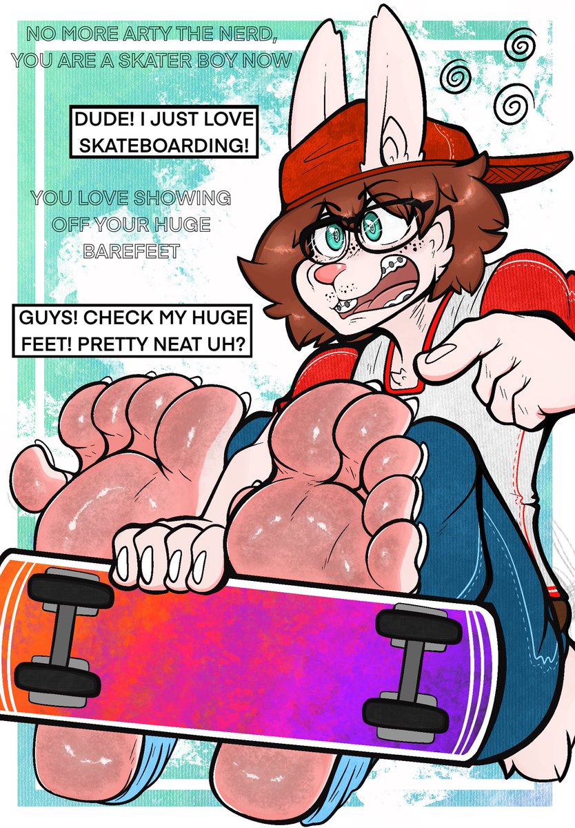 Oh no, this nerd is gonna stink up the skate park now with those smelly nerd stompers, at least use some footwear you dork! 🤓 — I guess someone hypnotized Arty so the nerd stops fantasizing about skater feet and go get some himself… or something like that i dunno. 🐰🛹🐾