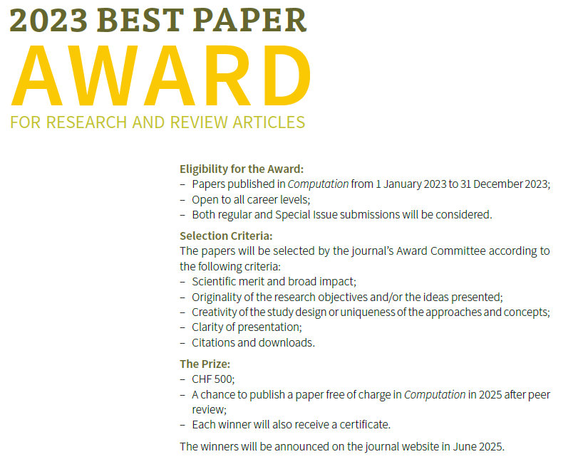 👉Computation 2023 Best Paper Award #MDPIAward Details: mdpi.com/journal/comput… Any questions please contact computation@mdpi.com