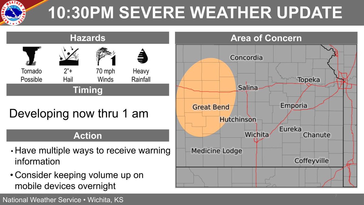 Storms capable of becoming severe have started to develop in western KS and are expected to move into the orange shaded area over the next few hours. Be sure to have multiple ways of receiving warnings. Consider keeping volume up on mobile devices overnight. #kswx