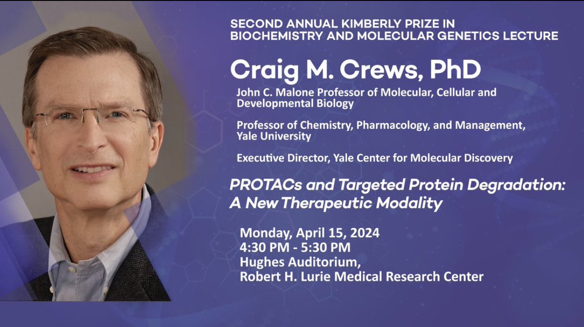 MazharAdli's tweet image. Congratulations Dr. Craig M. Crews, the recipient of the annual Kimberly Prize in Biochemistry and Molecular Genetics!

Inspiring talk on the clinical promise of #PROTAC, #RIPTAC and #PHOSTACs 

@CraigMCrews 
@NUFeinbergMed 
@NU_BMG_SQE 
@ShilatifardLab  @YaleMed  @ArvinasInc