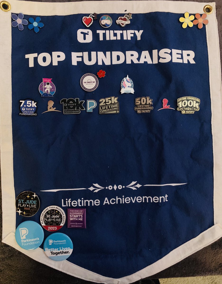 I styled out my @tiltify banner with all I have earned. Other pins being sent atm. All pin placements have a meaning in our journey. TY @StJudePLAYLIVE @endalzoc @ParkinsonDotOrg @MakeAWishCA @fredhutch @GameBlast @SpecialEffect for respecting our Community’s love on @Twitch 💜