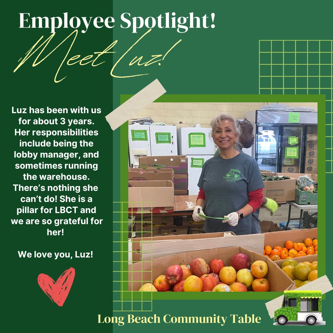 Luz has been with us for about 3 years.
Her responsibilities include being the lobby manager, and sometimes running the warehouse.
There’s nothing she can’t do! She is a pillar for LBCT and we are so grateful for her!
We love you, Luz!

#longbeachcommunitytable #employeehighlight