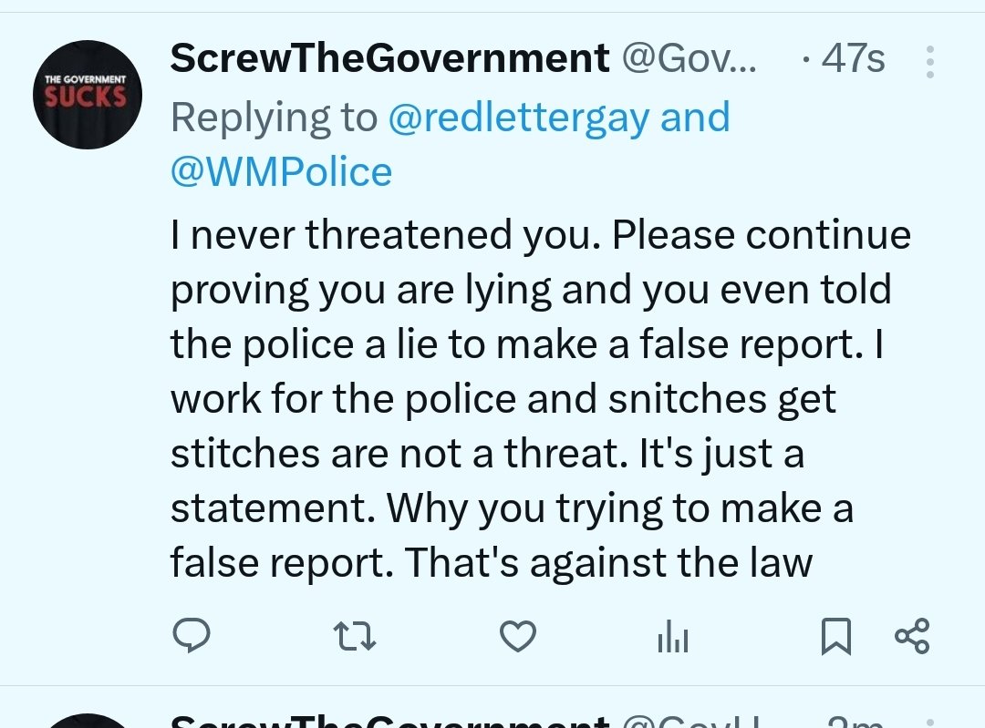 Hi <a href="/WMPolice/">West Midlands Police</a> someone who claims to work for the police believes that repeatedly misgendering me, blaming me for being assaulted and saying "snitches get stitches" is acceptable. I'll give you a ring in the morning to discuss the matter further.