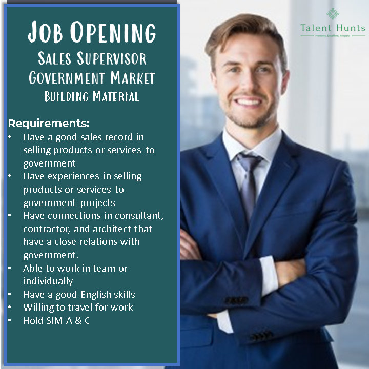 Our clients from Building Material Industry is looking for a Sales Supervisor Government Market to fill positions in their company.

If you are feel qualified and is interested, you can check the link below

talenthunts.id/job/sales_supe… 

#sales #supervisor #buildingmaterial