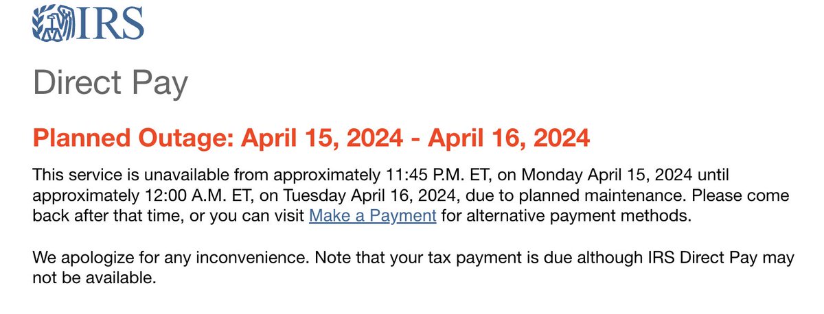 kellymartinson's tweet photo. Are you kidding me IRS? On the day people's taxes are due, you are doing "planned maintenance"? For 15 minutes? https://t.co/7J916ZfCui