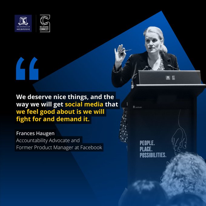 Former Facebook employee @FrancesHaugen is now an advocate for accountability & transparency. Presenting at @MelbConnect last month, she urged lawmakers to fight for responsible social media, warning AI tools are powering information warfare → unimelb.me/442WqdW
