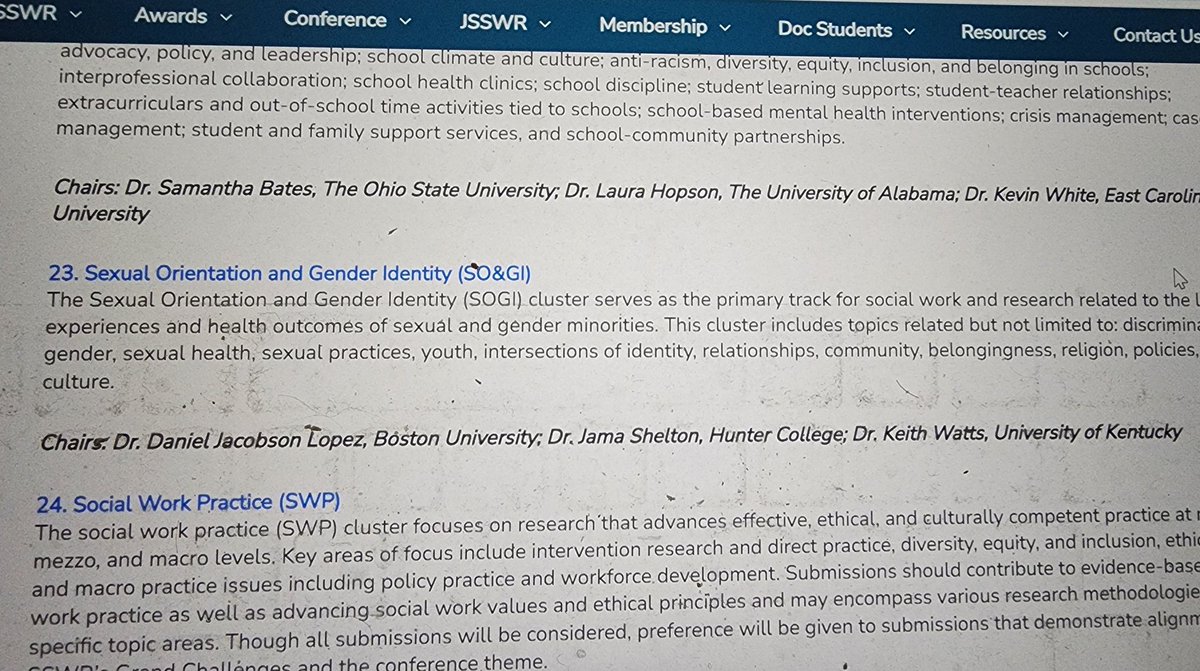 So lucky to be Co-Chair of SOGI with friend and colleague <a href="/WattsKeithJ/">Keith J. Watts, PhD, MSW</a> Dr. Keith Watts and others.  Be sure to submit your abstracts to SSWR tonight!!  <a href="/BUSSW/">BU School of Social Work</a> . Ya existe tiempo!! <a href="/SSWRorg/">SSWR</a>.  #socialwork #AcademicTwitter #AcademicChatter #SSWR