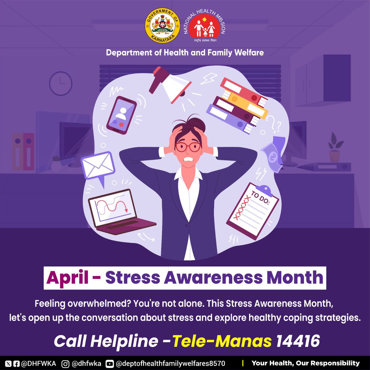 April - #StressAwarenessMonth Let's break the silence and start a conversation about stress. Together, we can support each other and promote mental well-being. Call 24x7 service Tele-MANAS at📞14416 to seek help! #MentalHealthMatters