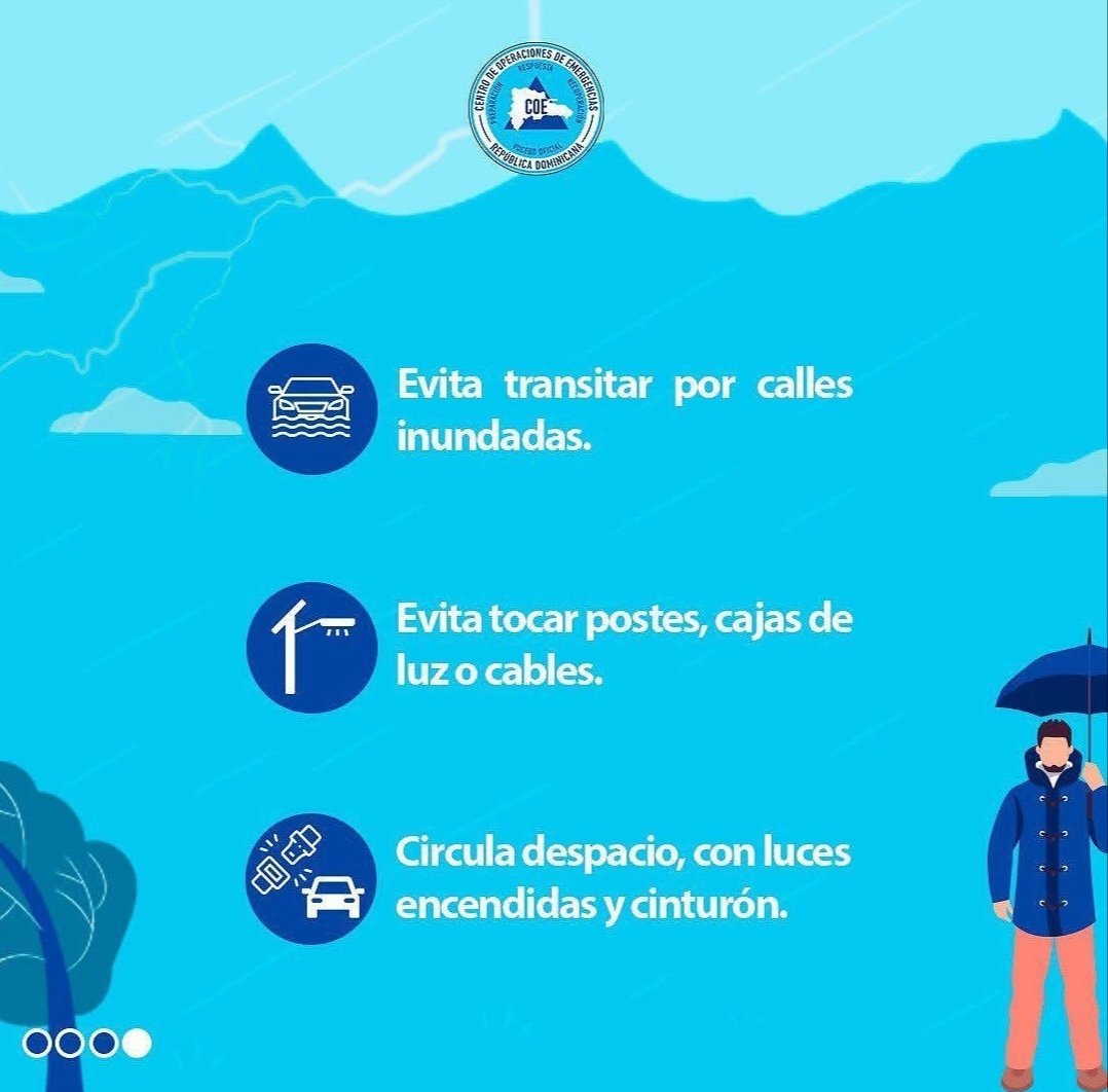 COE_RD's tweet photo. A propósito de las lluvias que se están registrando en algunas provincias del país por la incidencia de una vaguada te compartimos algunas recomendaciones que puedes tomar en cuenta.

¡Desliza y conócelas! https://t.co/2EmI6Z3PDK
