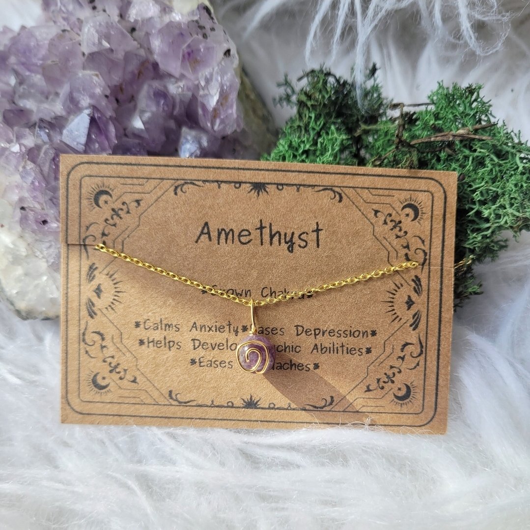 Gold plated Amethyst swirl necklace. For calming, to rid anxiety and for protection. 

thewildwoodlandwitch.etsy.com
#MHHSBD #EarlyBiz