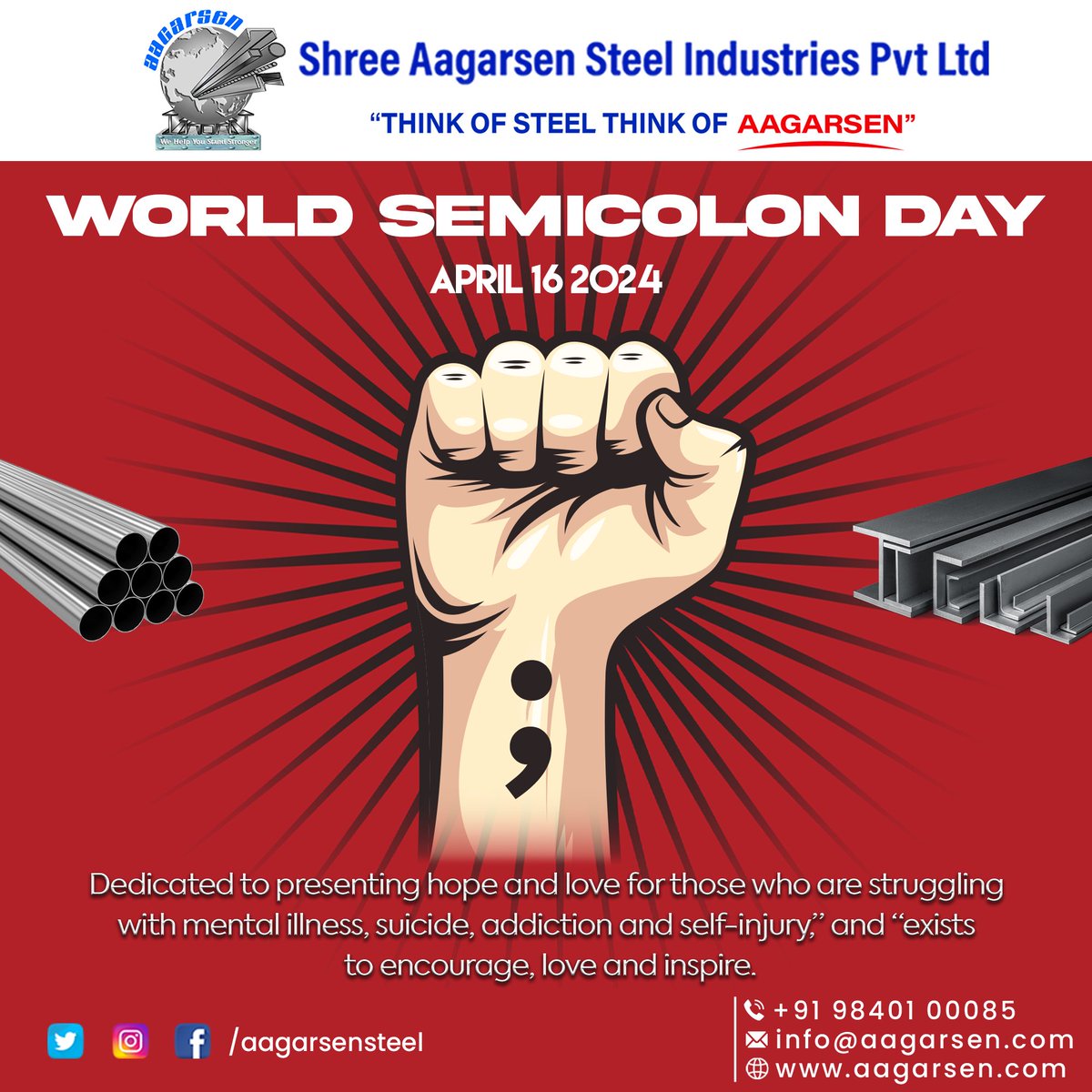 AagarsenLtd's tweet photo. World Semicolon Day
.
THINK OF STEEL, THINK OF AAGARSEN!!!
.
To Order @98401 00085
Discover more:
https://t.co/Ts1wewCD0E
.
#WorldSemicolonDay #SemicolonProject #KeepGoing #MentalHealthAwareness #EndTheStigma #YourStoryIsntOver #steel #steelindustry #trend #steelworks #steelbook https://t.co/6BYBp4bjzH