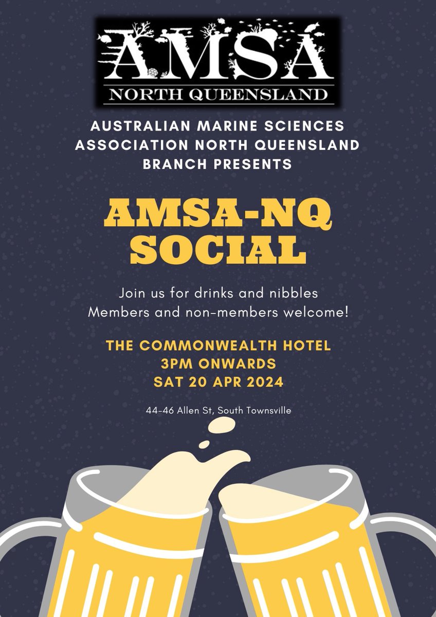The @AmsaNq #Townsville social is on this Saturday 20 April at 3pm onwards at The Commonwealth Hotel. Come along for drinks and nibbles, and meet some like-minded #marine #science folk. Members and non-members welcome! @amsa_marine