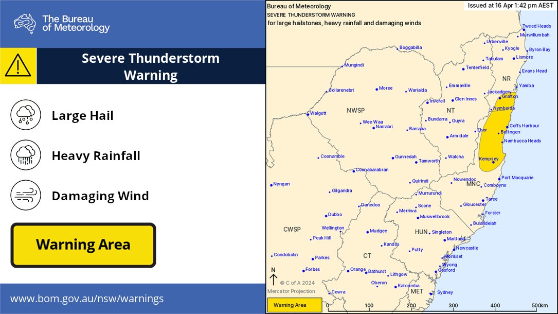 Severe Thunderstorm Warning is current for areas between #Kempsey and #Grafton. Localised heavy rain, large hail, and damaging winds are all concerns. Latest warning bom.gov.au/products/IDN21…