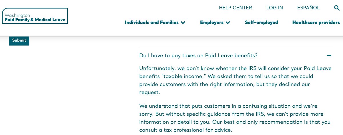 Lol how is this a thing. State of WA: Hey IRS, do people need to report their paid family leave benefits as income? IRS: 🦗 State of WA: But like really, people need to file their taxes. IRS: 🦗 State of WA: Ah... okay then.