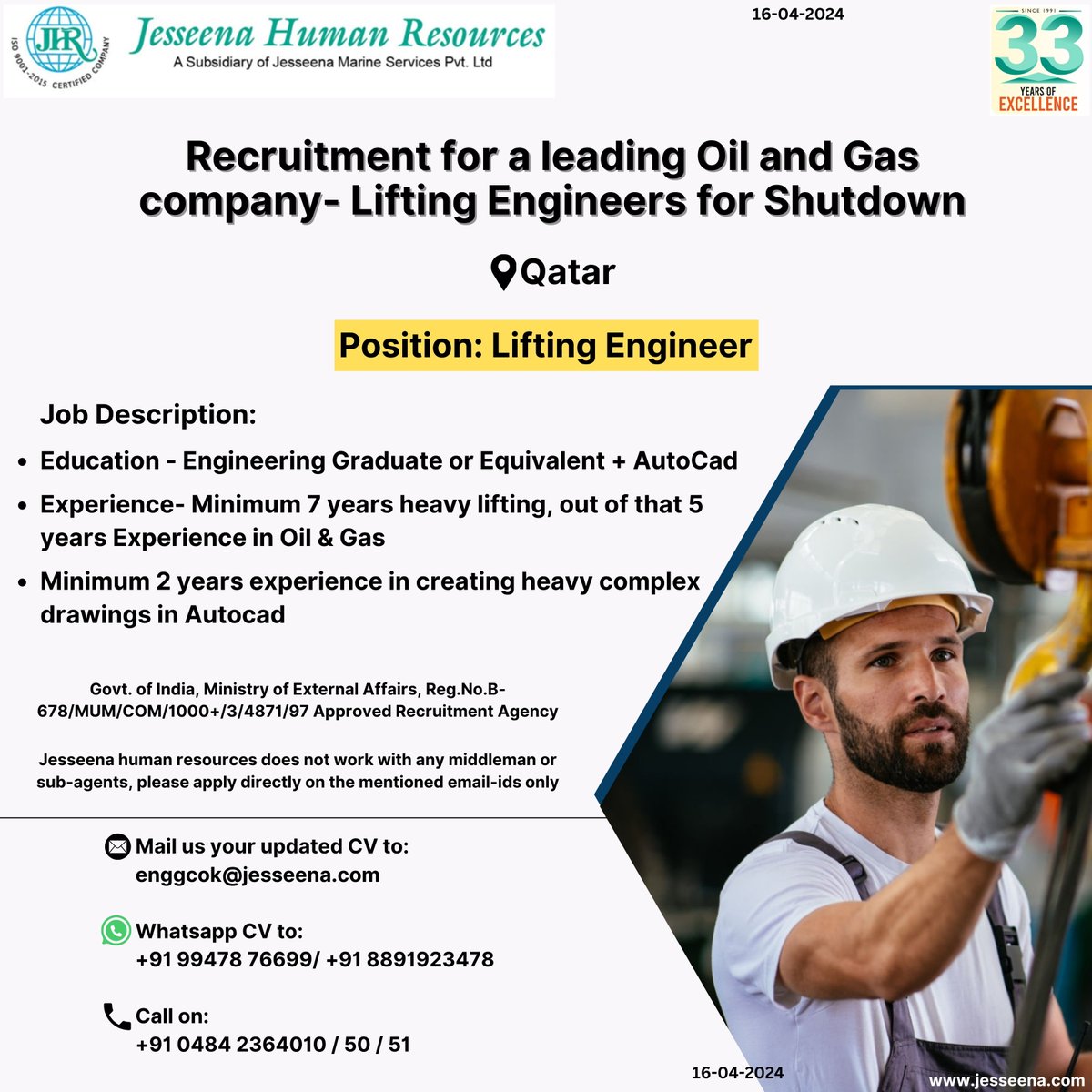 Recruitment for a leading Oil and Gas company- Lifting Engineers for Shutdown in Qatar

Mail us your updated CV to:
enggcok@jesseena.com

#oilandgasjobs #liftingengineer #engineeringjobs #autocad #oilandgasexperience #heavylifting #shutdownjobs #QatarJobs