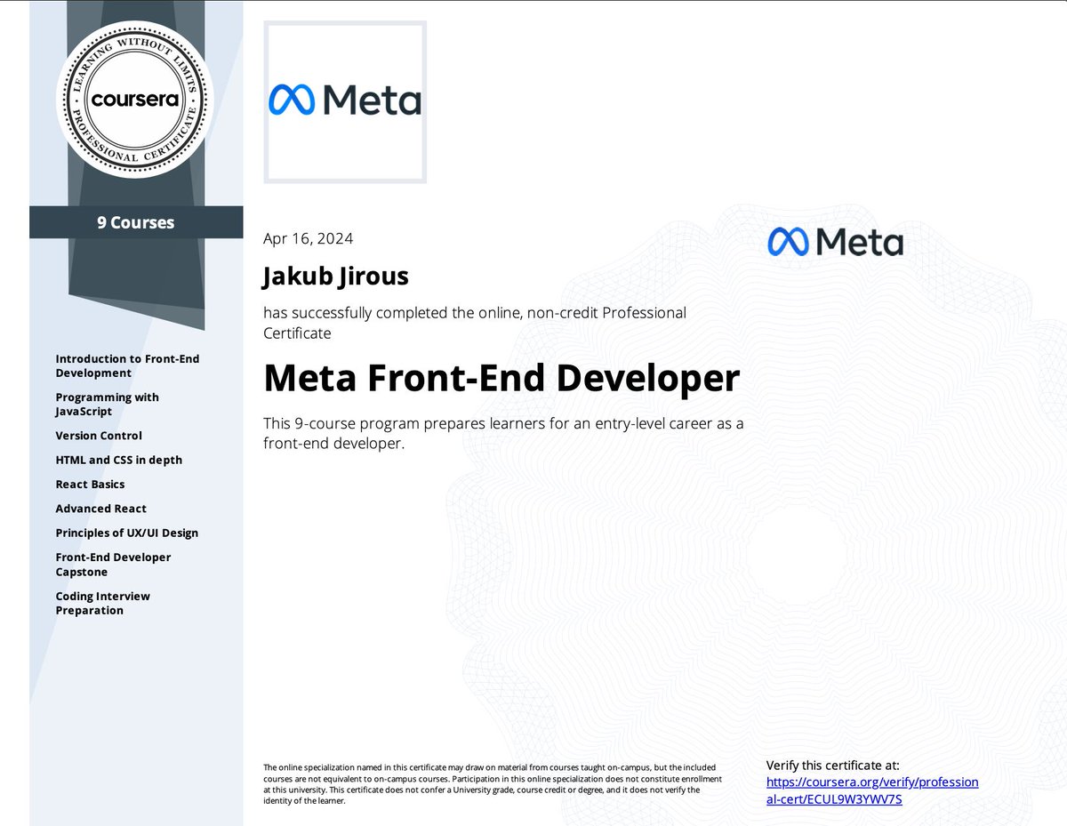 Delighted to share the completion of my Meta Front-End Developer Specialization. The journey began in Oct '23 and today, it's a testament to dedication & effort. From React to UX/UI design principles, it's been an enriching ride. Ready for real-world projects! #FrontEndDev #Meta
