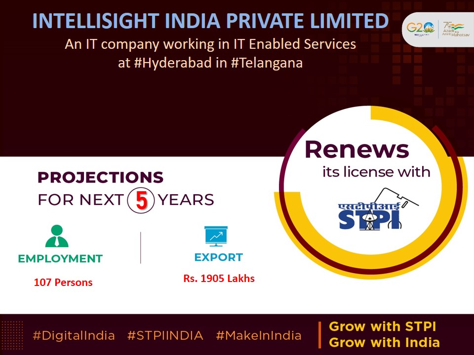 Congratulations M/s.INTELLISIGHT INDIA PRIVATE LIMITED! for renewal of license #GrowWithSTPI #DigitalIndia #STPIINDIA #StartupIndia @GoI_MeitY