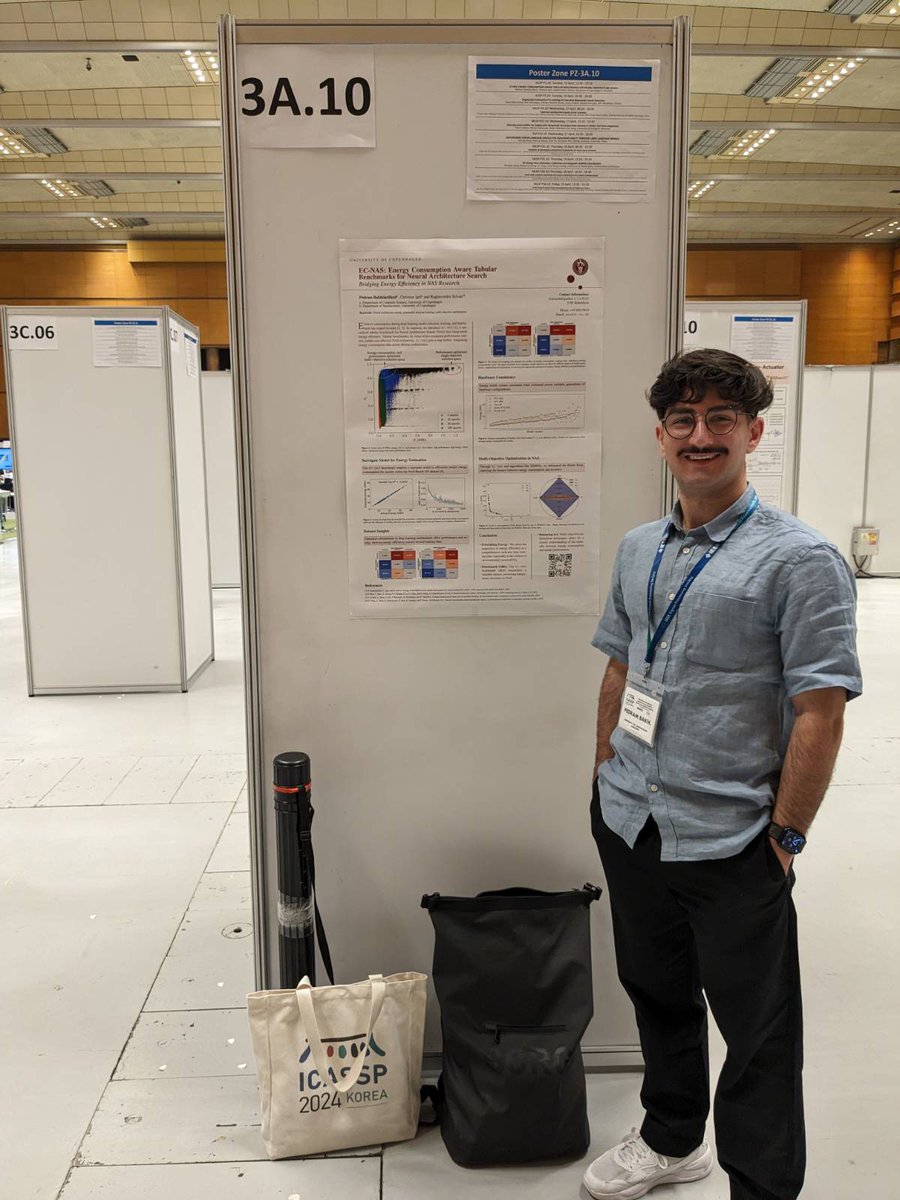raghavian's tweet photo. .@pedrambakh is ready! Drop by at 3A.10 in the first poster session of @ieeeICASSP starting now to hear about Energy consumption aware neural architecture search. #ICASSP2024 #DeepLearning #EnergyEfficiency https://t.co/GxkgM5MqcW