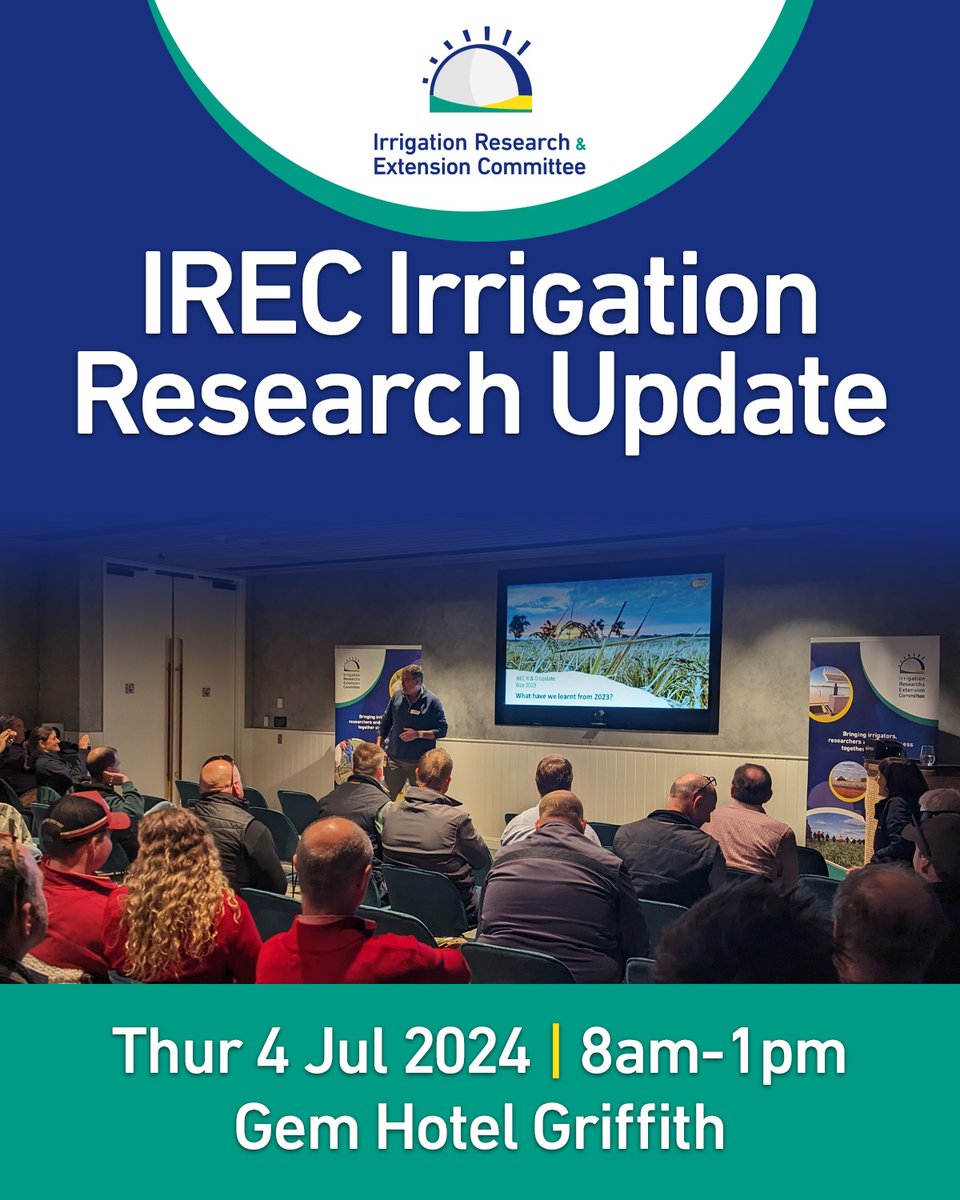 Save the date! Join us for the Irrigation Research Update. Free to members. Thu 4 Jul, 8AM-1PM, Gem Hotel Griffith Don't miss out on the chance to enhance your knowledge on irrigated ag & network with industry experts. More info - 0491 380 399