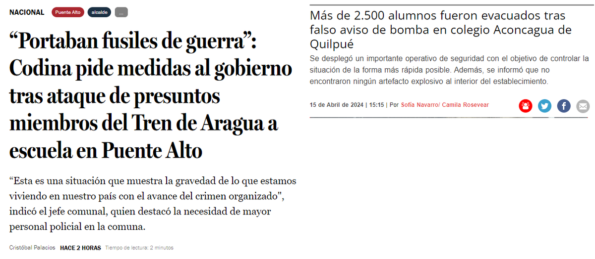 En tan solo un par de días tuvimos en Chile🇨🇱: 1- Quilpué: 2500 alumnos evacuados (Falso aviso bomba) 2- Puente Alto: Ataque a escuela ('Tren de Aragua') 3- Lo Barnechea: Mayflower (Amenaza bomba) 4- Santiago: IN (Lanzamiento de molotov) Y todo sigue como si no pasara nada.