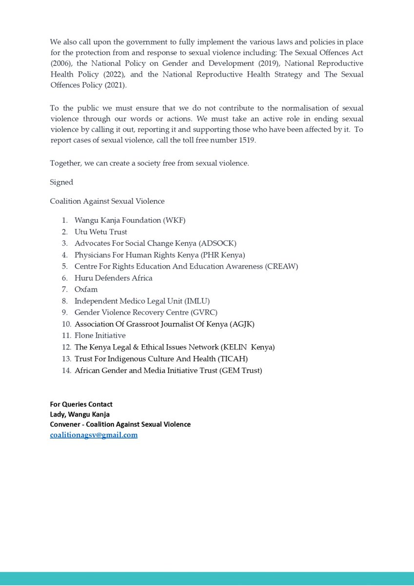 For Immediate Release: We are concerned by a video of Seven Individuals captured sexually violating a woman in Bomet County. CASV calls upon the government to prioritize the safety and well-being of women by honoring the Generation Equality Forum commitment it made to end GBV