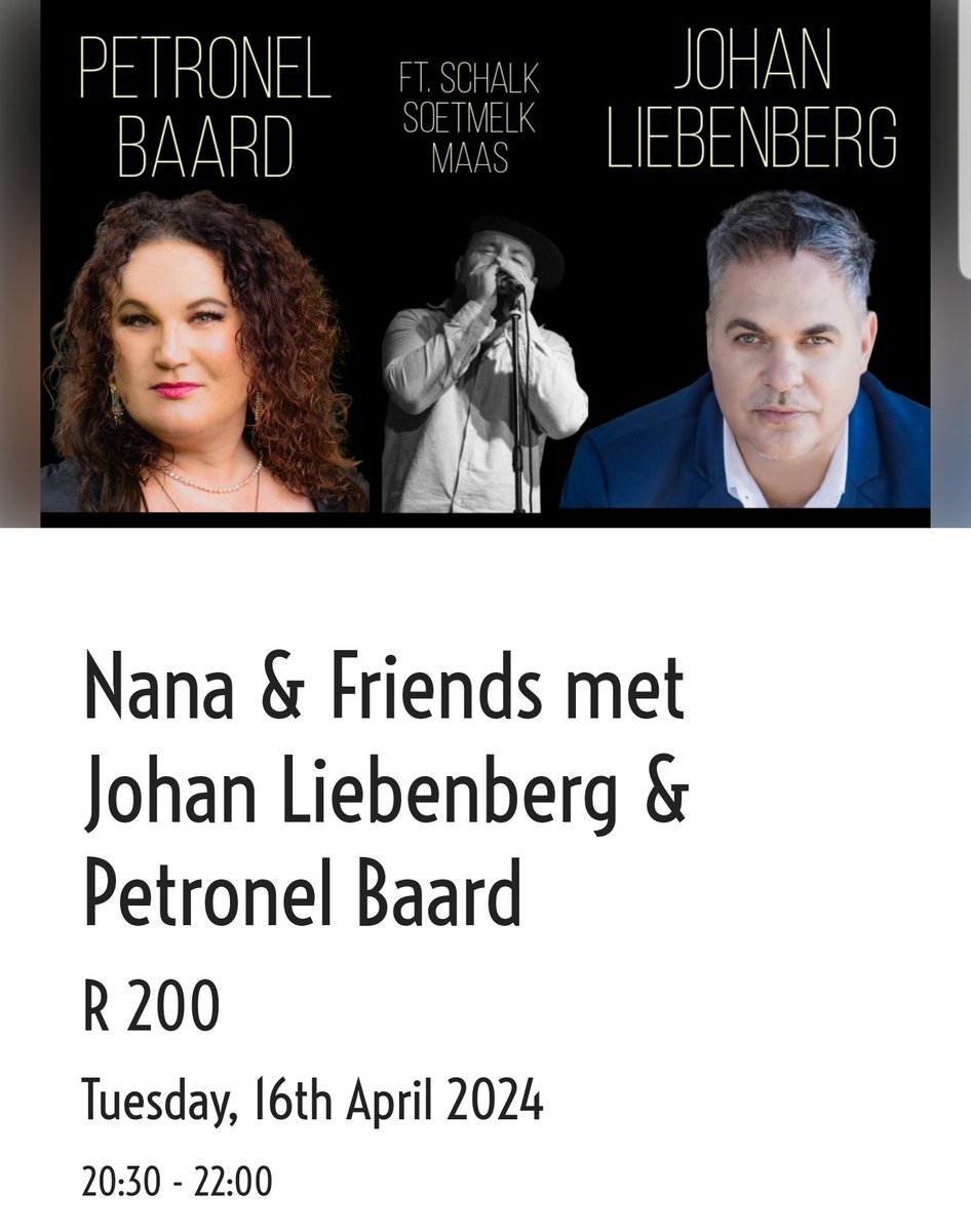 #Afrikaans MOENIE MISLOOP NIE - #NanaAndFriends @PetronelBaard en Johan Liebenberg tree VANAAND (16 April) om 8.30pm op by @dieboerteater 🎶 🍽 'In  2023 het Petronel Baard en Johan Liebenberg kragte gesmee in ‘n pragtige enkelsnit “Mag jy” geskryf deur Helena Marais. Op 22…