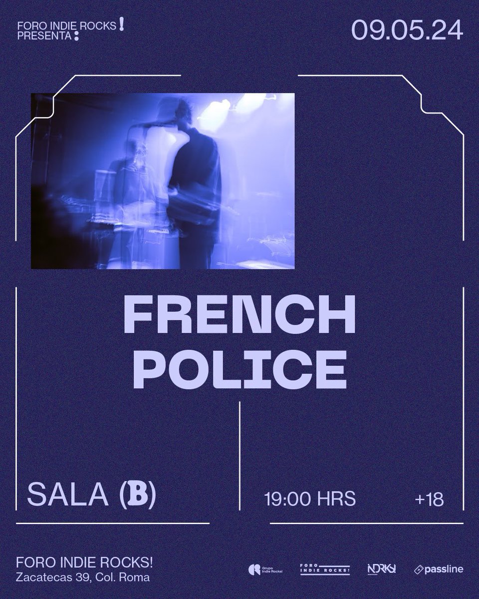 French Police, uno de los proyectos más icónicos del postpunk alternativo se presentará el próximo 9 de mayo en la SALA (B) del Foro Indie Rocks! Los boletos se encuentran disponibles en el siguiente enlace: passline.com/eventos/french…