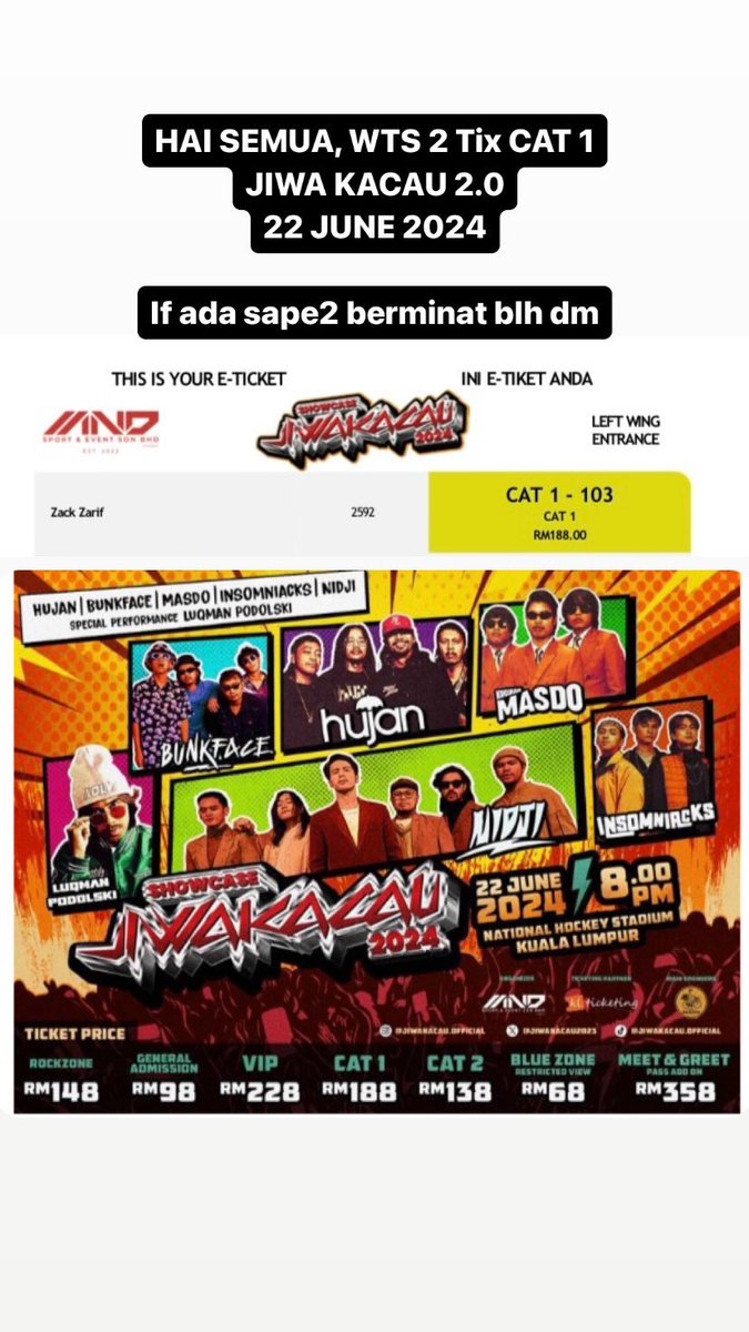 wanaxlia's tweet photo. Hai gais, WTS Ticket JIWAKACAU 2.0 CAT 1- 103 , Sbb haritu ada hal lain , so really need to sell this ticket . Do let approach me if interested https://t.co/5p5uN45ftW