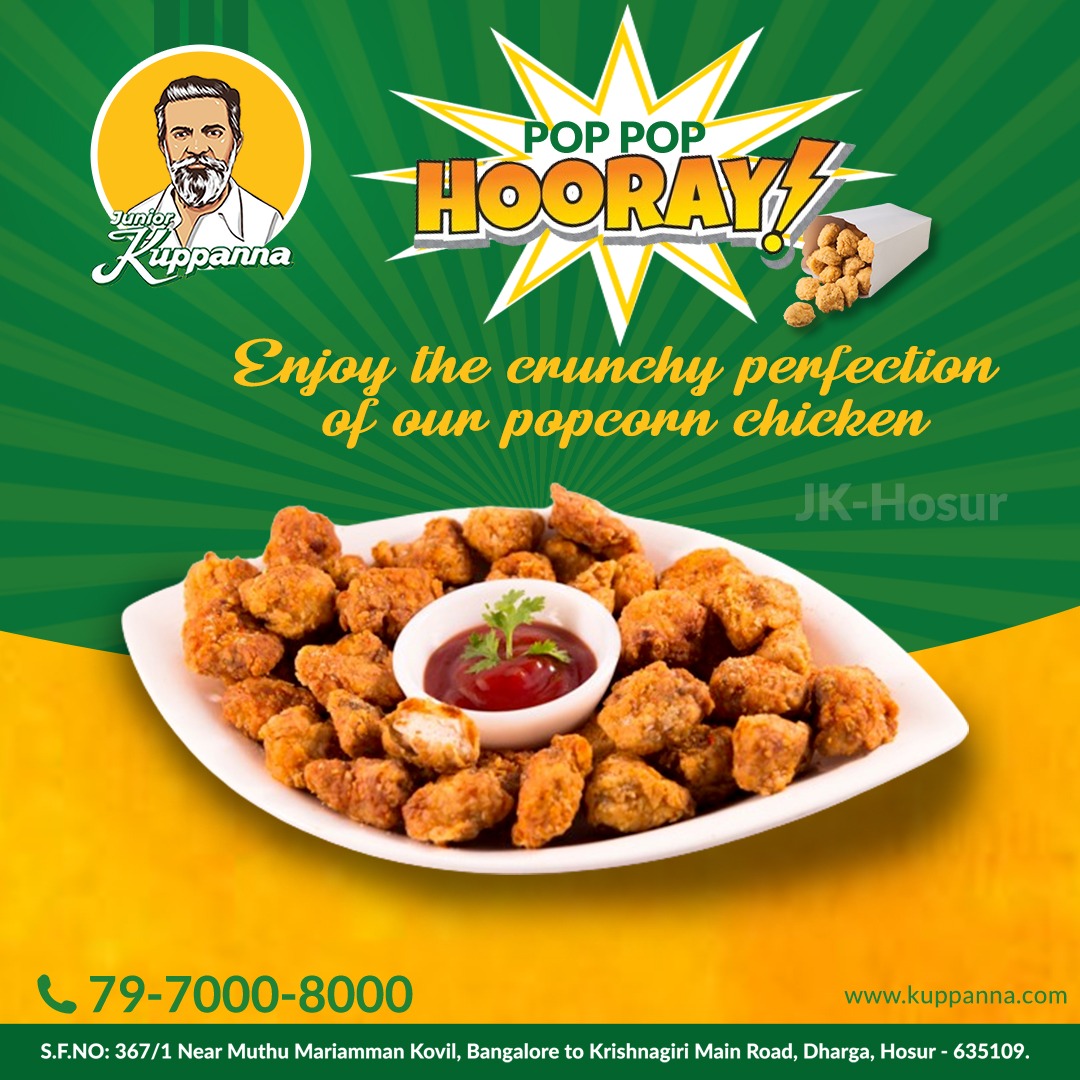 Treat your taste buds to the ultimate snack: our delectable Chicken Popcorn. Perfectly crispy, perfectly delicious. 📷📷
#juniorkuppanna #hosur #ordernow #kongunadfood #doordelivery #explorefood #zomato #swiggy #yummy #mutton #pallipalayam #nonveg #nonvegfood #healthierchoices