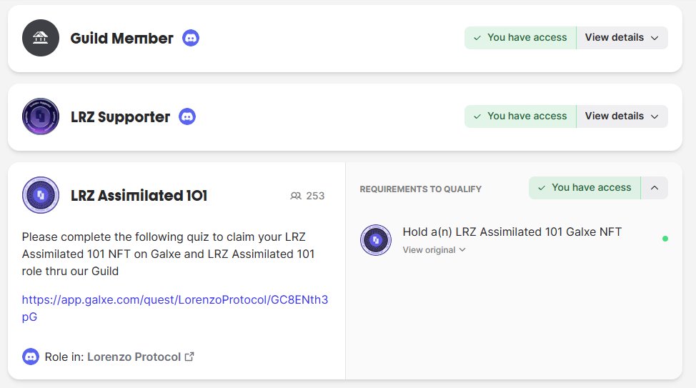 Claim FREE 'LRZ Assimilated 101' NFT & LRZ Assimilated Discord role🪂 @LorenzoProtocol is building the first-ever $BTC liquid restaking platform for the Cosmos ecosystem. Here's how👇 1⃣ Visit app.galxe.com/quest/LorenzoP… 2⃣ Complete Quiz 1D, 2A, 3B, 4D, 5C, 6A, 7A, 8D 3⃣ Complete…