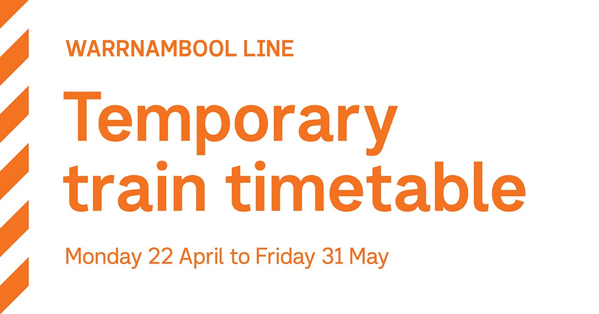 Due to critical upgrade works continuing along sections of the Warrnambool Line, temporary speed restrictions will be in place on weekdays until Friday 31 May. There will be changes to arrival and departure times so please plan ahead. More info: go.vline.com.au/3S4pCwU
