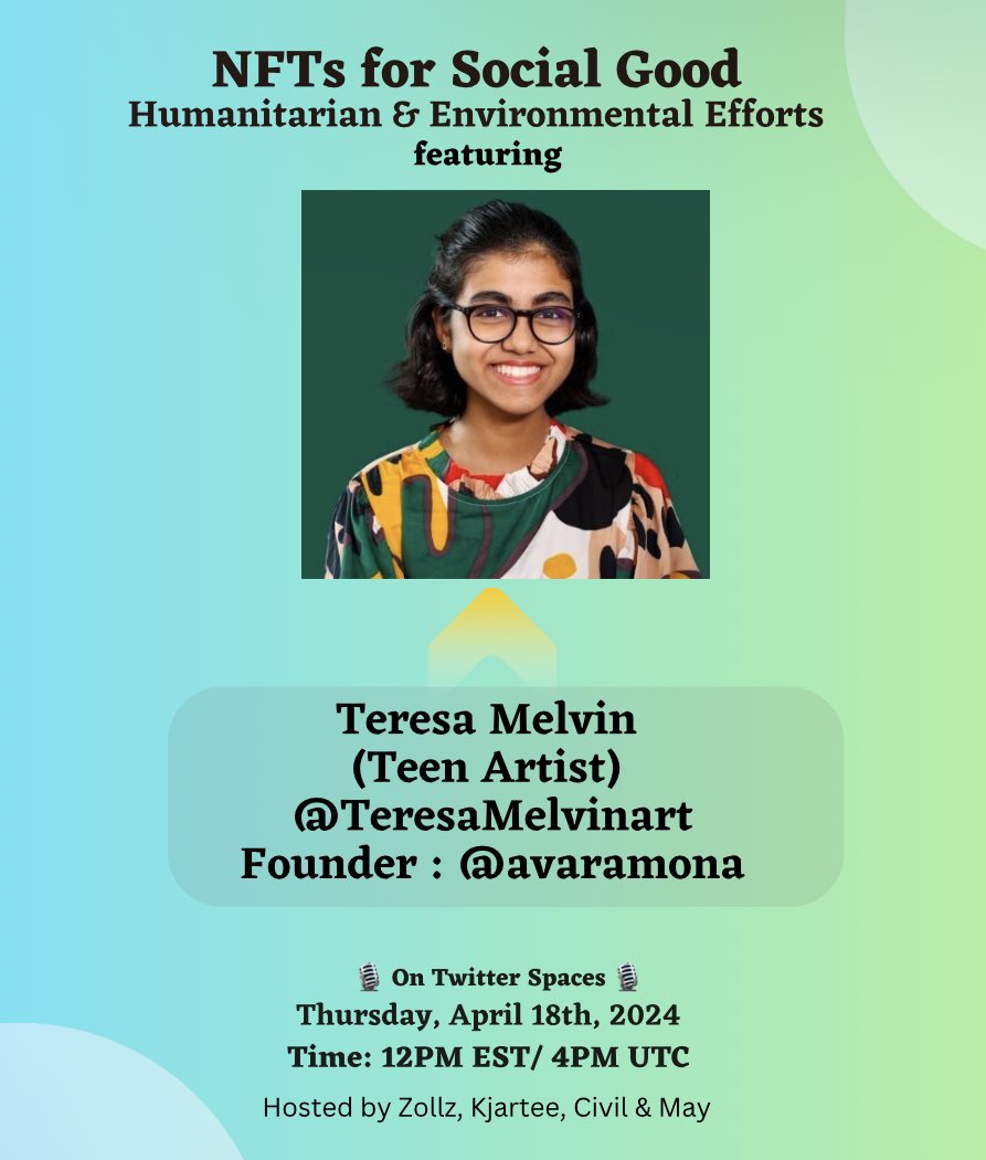 This week on the @NFTFSG space we have the great honor of chatting it up with the incredible @TeresaMelvinart, a teen artist, founder & speaker to name but a few. Join us Date: Thursday, April 18th, 2024 Time: 12PM EST/ 9AM PST/ 4PM UTC Connect| Learn| Support See link👇