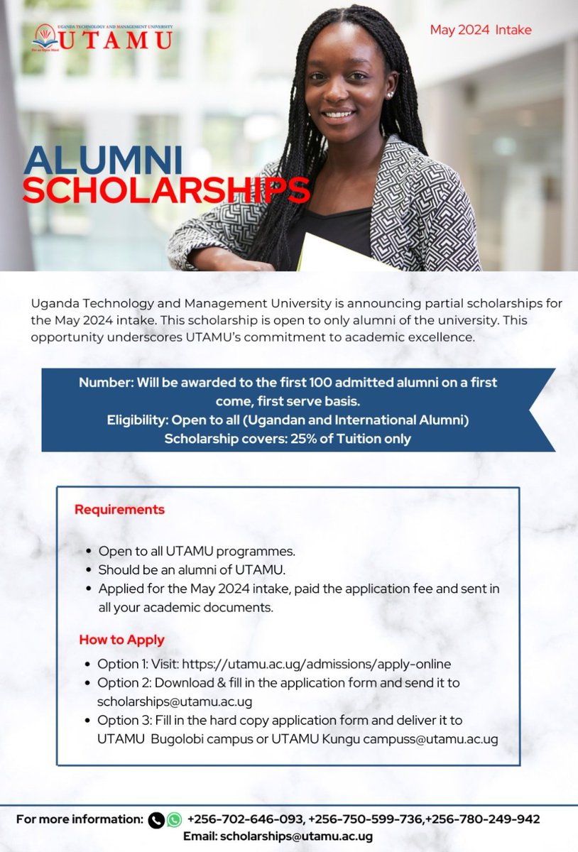 Calling all UTAMU Alumni! As a token of appreciation, we're offering a 25% partial scholarship for your next academic adventure in May 2024intake. Rediscover the excellence you know. Apply today! Apply online: utamu.ac.ug/admissions/app…………… @utamu_7 @baryamureeba