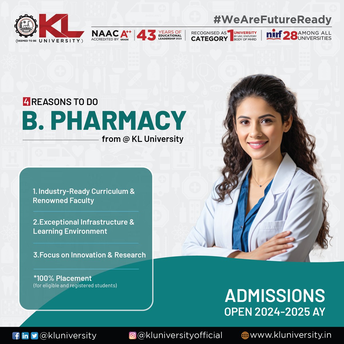 Become a pharmacy leader! KL University's B. Pharmacy program offers industry-ready education, cutting-edge labs, promising placements, and more. 

Apply Now: kluniversity.in/admissions-202…

#KLuniversity #KLU #AdmissionsAreOpen2024 #Admissions2024 #WeAreFutureReady #Bpharmacy