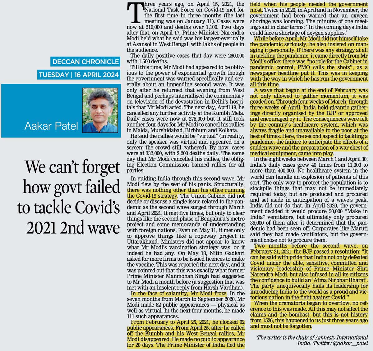 beastoftraal's tweet photo. Never forget: "In the face of calamity, Mr Modi froze. From April 25, after he called off the Kumbh and his West Bengal rallies, Mr Modi disappeared. He made no public appearance for 20 days. The Prime Minister of India fled the field when his people needed the government most. This is not history from 1526, this happened to us just three years ago and must not be forgotten".