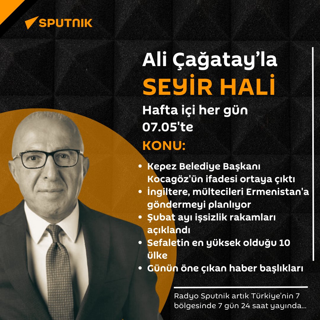 Ali Çağatay'la Seyir Hali, Radyo Sputnik'te başlıyor!

Yayını Telegram ve YouTube üzerinden takip edebilirsiniz.

Telegram: telegram.me/tr_sputnik
YouTube: youtube.com/live/EGzFN56hR…

📡Radyo Sputnik artık Türkiye’nin 7 bölgesinde 7 gün 24 saat yayında…