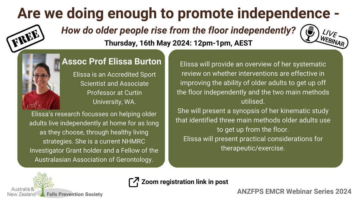 ANZ Falls Prevention (@anzfps) on Twitter photo Register for the first #anzfps online webinar of the year brought to you by our #EMCR committee! "Are we doing enough to promote independence" Presented by <a href="/DrElissaBurton/">Elissa Burton (also on Bluesky & LinkedIn)</a>
📆 Thurs May 16, 12-1pm AEST
Register here: buff.ly/4cZngI1 Register for the first #anzfps online webinar of the year brought to you by our #EMCR committee! "Are we doing enough to promote independence" Presented by <a href="/DrElissaBurton/">Elissa Burton (also on Bluesky & LinkedIn)</a>
📆 Thurs May 16, 12-1pm AEST
Register here: buff.ly/4cZngI1