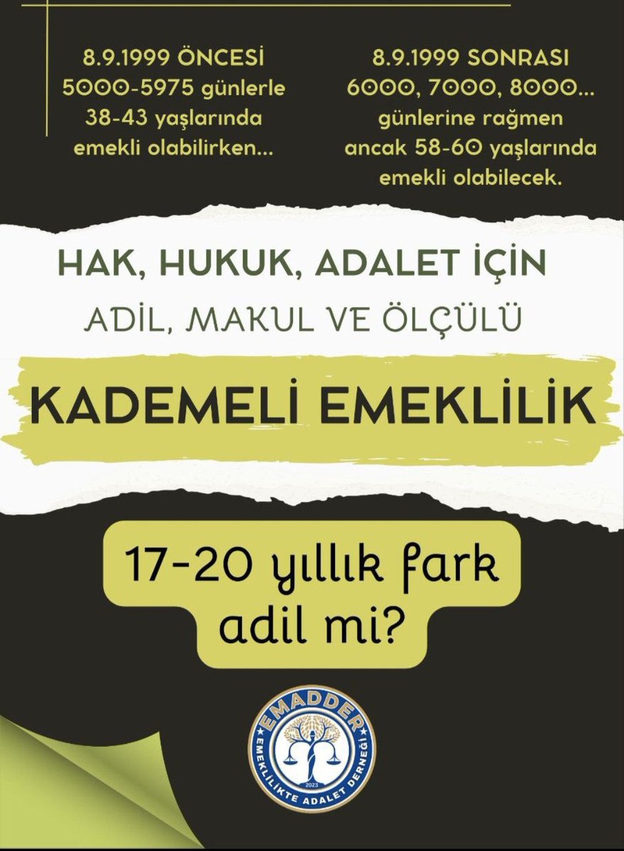 Suçumuz 08.09.1999 sonrası işe girmek
Cezamız 17-20 yıl…
Anayasının “eşitlik ilkesi” uyarınca vatandaşlar arasında ayrım yapamazsınız…

#KademeHakkımız