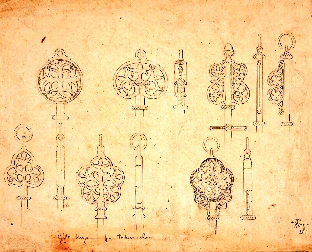 Various #designs for gilt #keys for #tabernacles. Designed by #AWNPugin, ca. 1851.

Handles with different foliated tracery in seven different designs.

#pugin #augustuspugin #gothicrevival #pugindesign #pugindrawing #gothicrevivaldesign #gothicrevivalkeys #gothicrevivalmetalwork