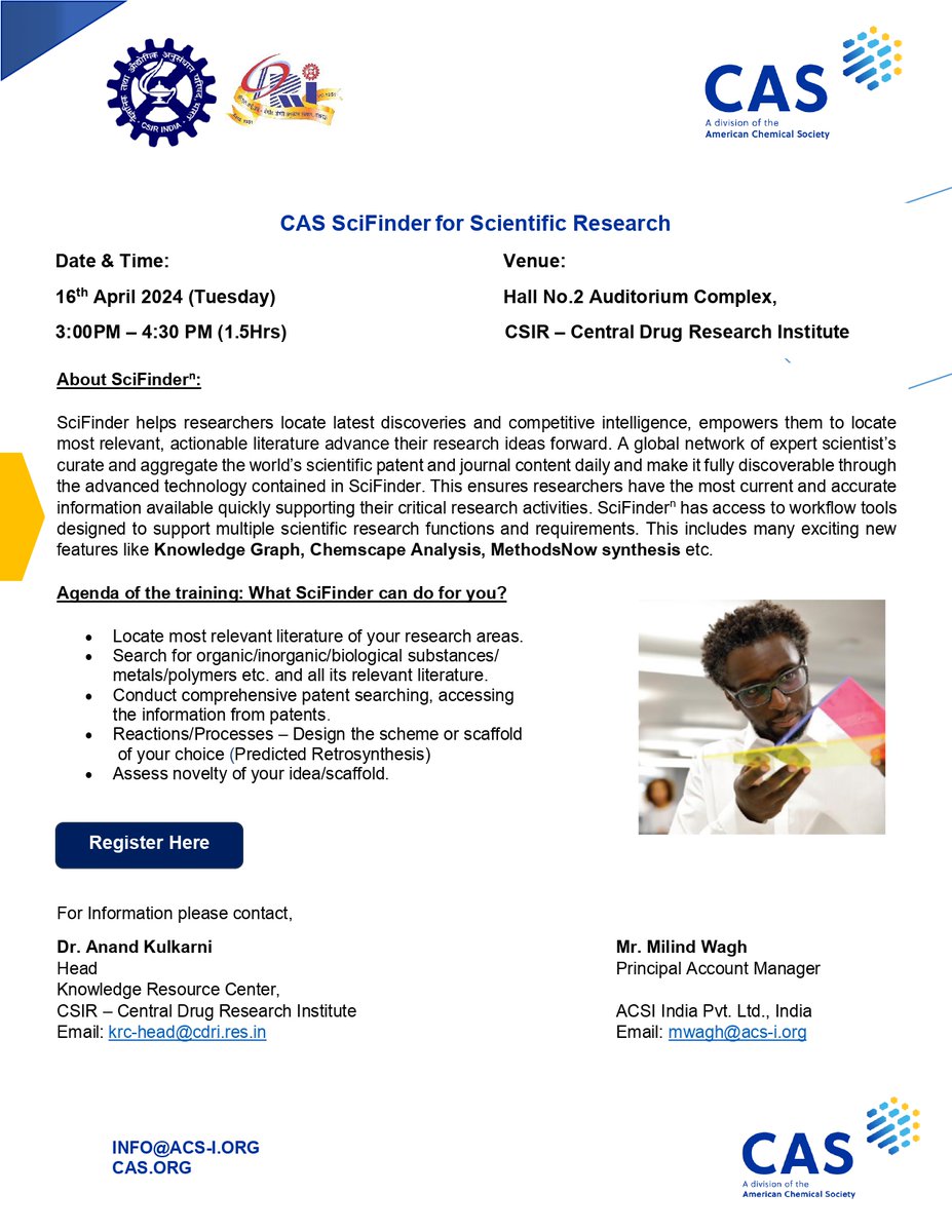 cdriacademy's tweet photo. Discover the Power of SciFinder! Join us at CDRI for a training program at 3:00 PM in Hall 2, Auditorium. Don't miss this chance to enhance your research skills and stay ahead in the field!#SciFinder #CSIRCDRI #ResearchSkills @CSIR_CDRI @CSIR_IND @AcsirS https://t.co/PJvOKgpiGz