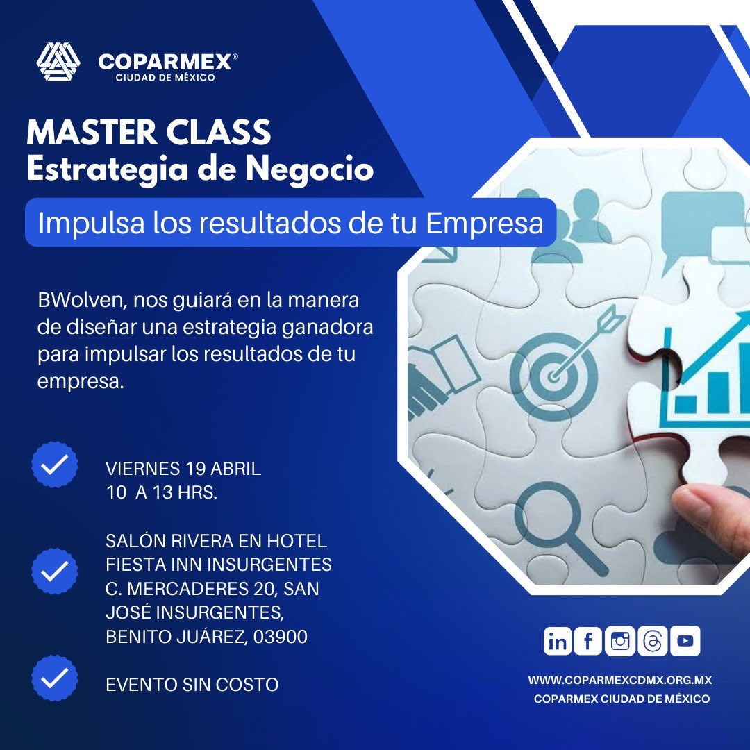 Armando_ZunigaS's tweet photo. Te invitamos a nuestra master class "Estrategia de Negocio: Impulsa los Resultados de tu Empresa", con la participación de los expertos Chava Carrejo, Socio Director de #BWolven y Presidente de @CoparmexCUU, y Ana Pau Méndez, Directora de Estrategia y Consejera de #CoparmexChihuahua, quienes expondrán las estrategias clave para potenciar el éxito de tu negocio en el actual entorno competitivo y en constante cambio.

¡No faltes! 👇🏻 

🗓 Viernes 19 de abril
⏰ 10 a 13 hrs.
 📍Hotel Fiesta Inn, Insurgentes
📌 #SinCosto

👉🏻 ¡Confirma tu asistencia! https://t.co/Do5e2HPBso