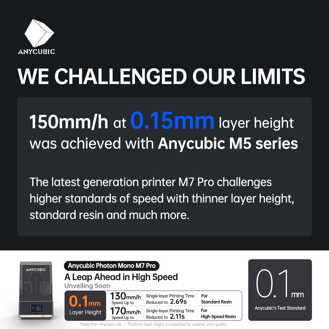 anycubic3dprint's tweet photo. Oops! We haven’t explored the 0.2mm print speed yet. We tested with a finer 0.1mm layer height on the Anycubic Photon Mono M7 Pro:
🚀 0.1mm layer speeds:
◾ Standard resin：up to 130mm/h
◾ High-speed resin：up to 170mm/h
👉 https://t.co/5454a28gKt https://t.co/yhjkpBQc0P